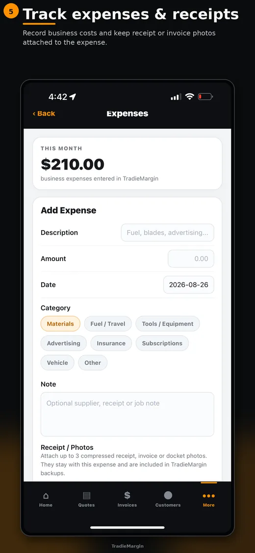 TradieMargin expenses and receipts screen